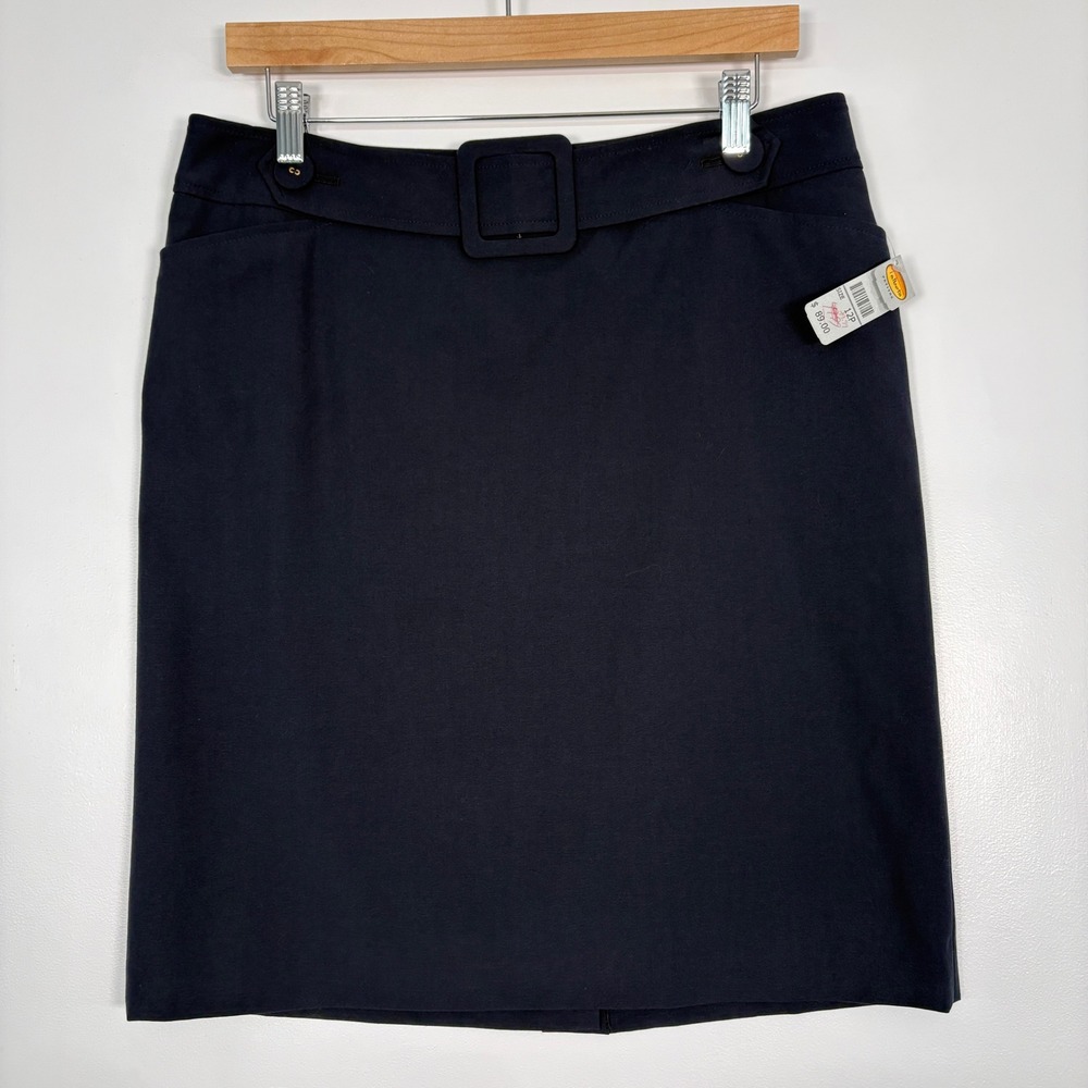 Talbots Women Skirt 12P Navy Blue Belted Pencil Stretch Business 31728520‎